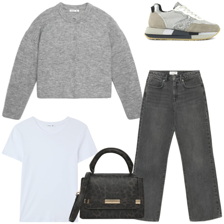 Outfit donna - Casual style. Stile Casual per Tutti i giorni. Abbinamento con jeans dritti, t-shirt, borse a tracolla, cardigans, sneakers.