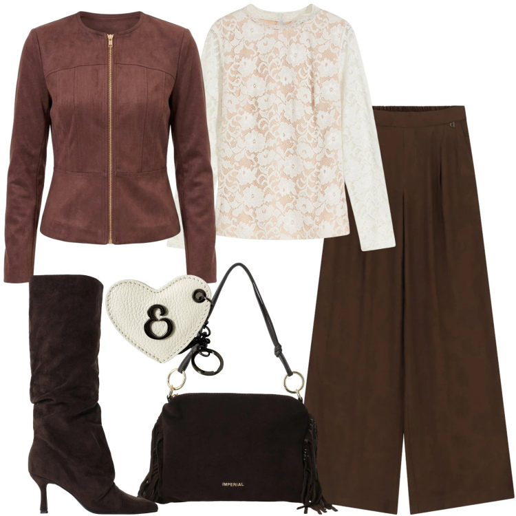 Outfit donna - La maglia in pizzo. Stile Casual chic per Ufficio. Abbinamento con maglieria, stivali, borse a spalla, pantaloni a palazzo, blazer, portachiavi.