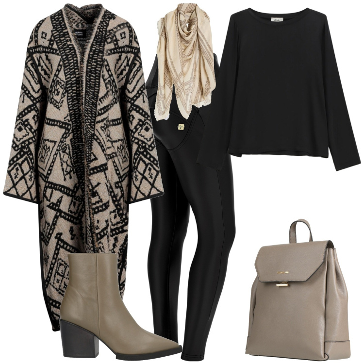 Outfit donna - Casual chic tempo libero. Stile Casual chic per Tutti i giorni. Abbinamento con cardigans, stivaletti, sciarpe, zaini, pantaloni skinny, t-shirt.