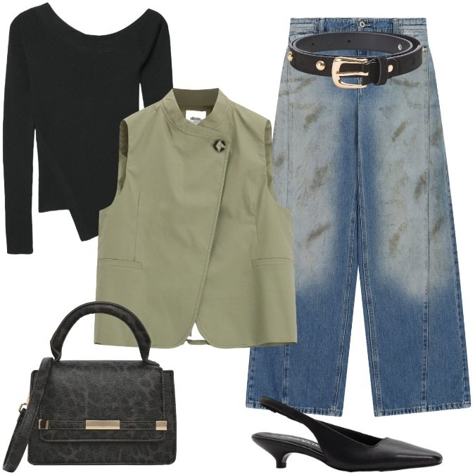 Outfit donna - Aperitivi in città. Stile Sporty chic per Tutti i giorni. Abbinamento con décolleté, cinture, borse a tracolla, maglieria, jeans, gilet.