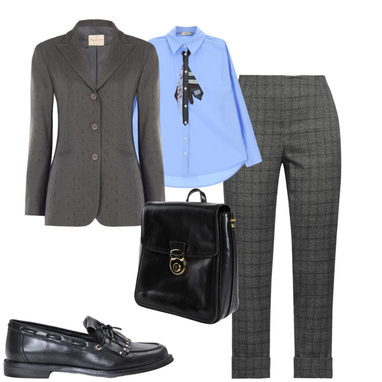 Outfit donna - In ufficio. Stile Mannish per Ufficio. Abbinamento con pantaloni, zaini, camicie, mocassini, blazer.