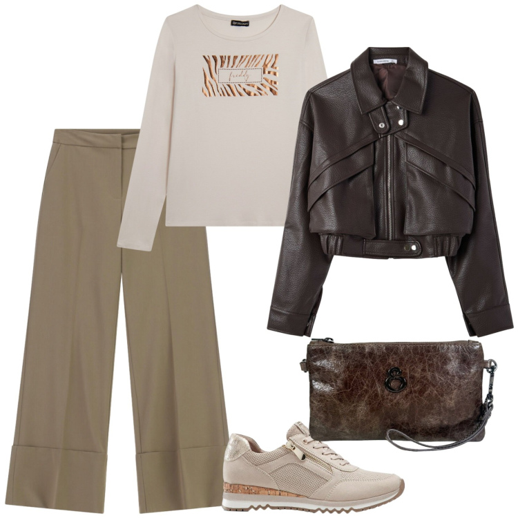 Outfit donna - Total look #2474248. Stile Urban per Tutti i giorni. Abbinamento con sneakers, bomber, t-shirt, pantaloni a palazzo, pochette.
