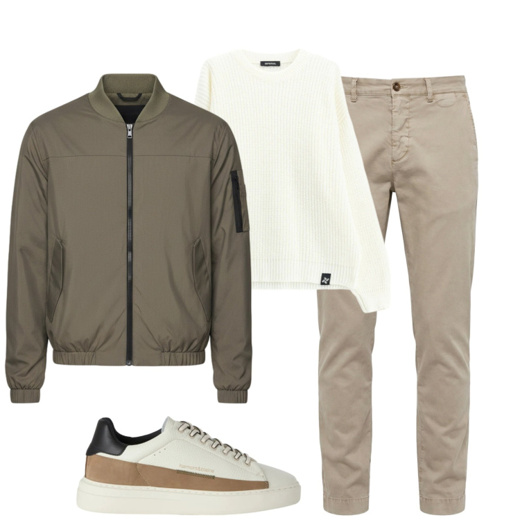 Outfit uomo - Fall. Stile Casual per Tutti i giorni. Abbinamento con pantaloni chino, sneakers, maglieria, bomber.