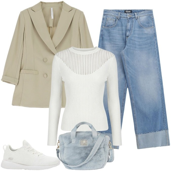 Outfit donna - Cambio stagione - colori di transizione. Stile Casual per Ufficio. Abbinamento con sneakers, blazer, jeans, maglieria, borse tote.