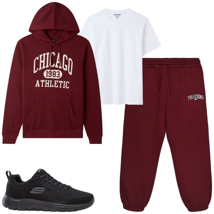 Outfit uomo - Terranova. Stile Casual per Tutti i giorni. Abbinamento con sneakers, felpe con cappuccio, pantaloni, t-shirt.