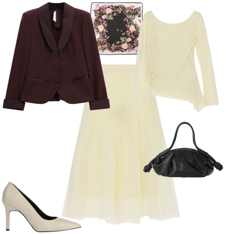 Outfit donna - Chic evento serata cerimonia. Stile Chic per Serata fuori. Abbinamento con décolleté, sciarpe, blazer, t-shirt, gonne longuette, borse a mano.