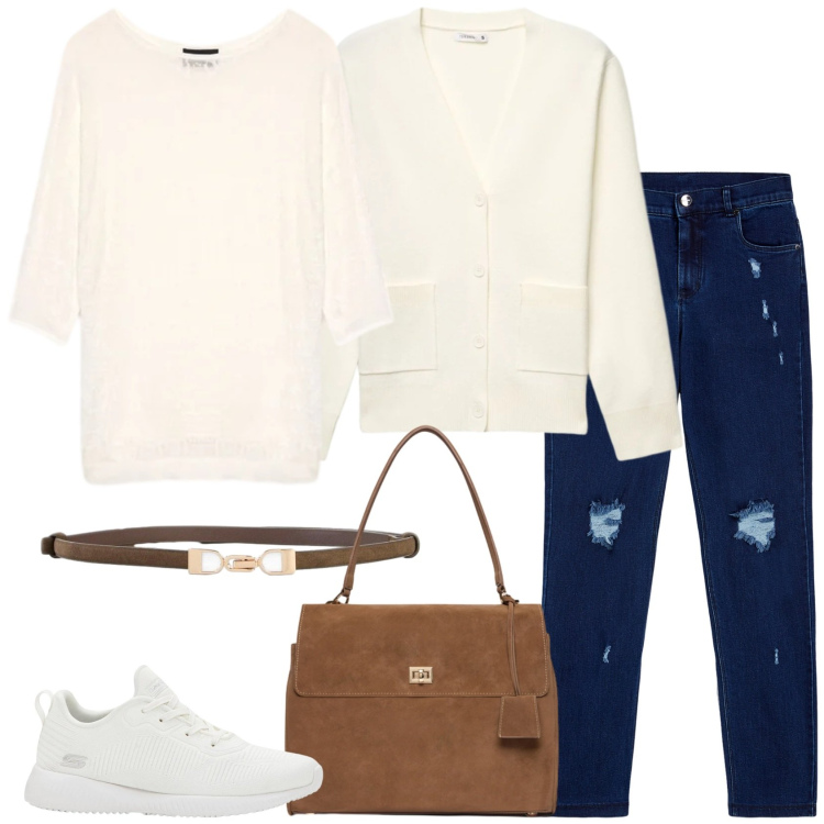 Outfit donna - La maglia in pizzo. Stile Casual chic per Tutti i giorni. Abbinamento con sneakers, cinture, cardigans, jeans skinny, maglieria, borse a mano.