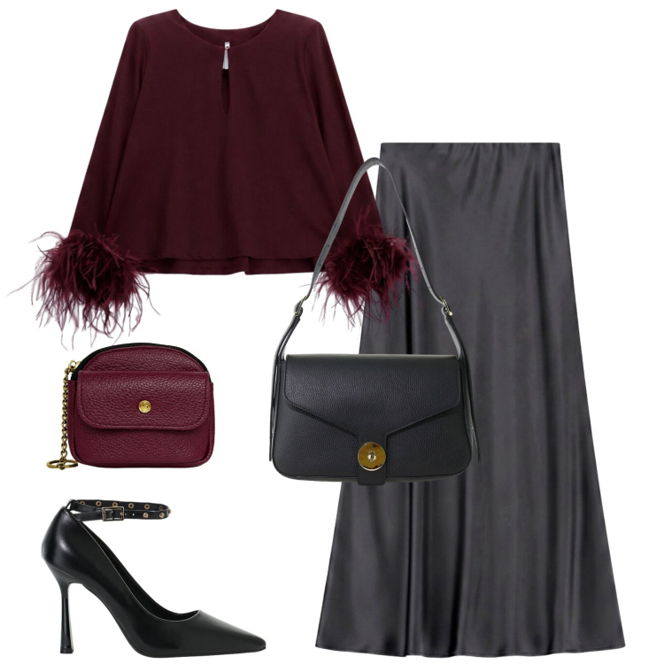 Outfit donna - A cena. Stile Trendy per Serata fuori. Abbinamento con bluse, gonne lunghe, décolleté, borse a spalla, portachiavi.