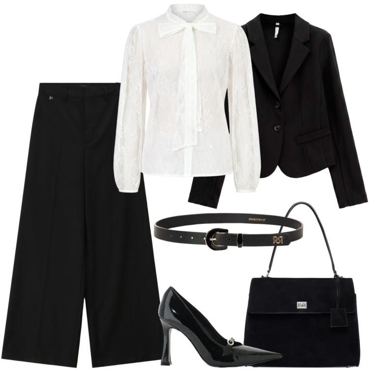 Outfit donna - Total look #2474259. Stile Chic per Cerimonia. Abbinamento con blazer, décolleté, pantaloni a palazzo, cinture, bluse, borse a mano.
