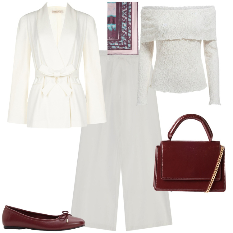 Outfit donna - Chic serata evento. Stile Chic per Serata fuori. Abbinamento con ballerine, borse a tracolla, pantaloni, bluse, blazer, foulard.
