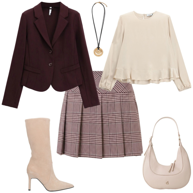Outfit donna - Preppy ogni giorno. Stile Preppy per Tutti i giorni. Abbinamento con stivali, blazer, bluse, borse a tracolla, minigonne, ciondoli.