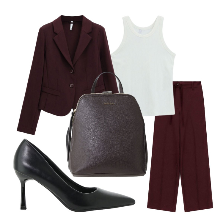 Outfit donna - We Are Back with the tailleur. Stile Urban per Ufficio. Abbinamento con pantaloni a palazzo, blazer, zaini, décolleté, canottiere.