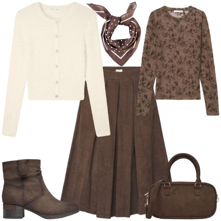 Outfit donna - Casual chic ufficio tempo libero. Stile Casual chic per Tutti i giorni. Abbinamento con foulard, stivaletti, cardigans, gonne, borse a tracolla, t-shirt.