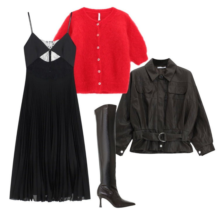 Outfit donna - We Are Back whit the black. Stile Chic per Cerimonia. Abbinamento con cardigans, vestiti lunghi, stivali sopra il ginocchio, bomber.