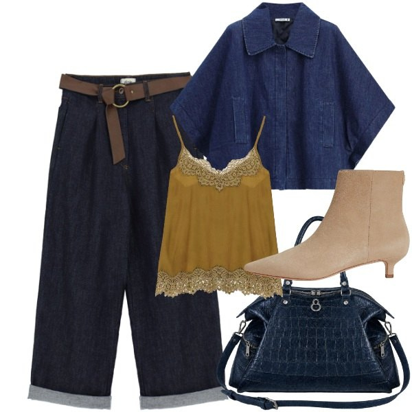 Outfit donna - Dark denim - Il jeans per l\'autunno. Stile Trendy per Tutti i giorni. Abbinamento con blazer, top, jeans, shopping bag, stivaletti.