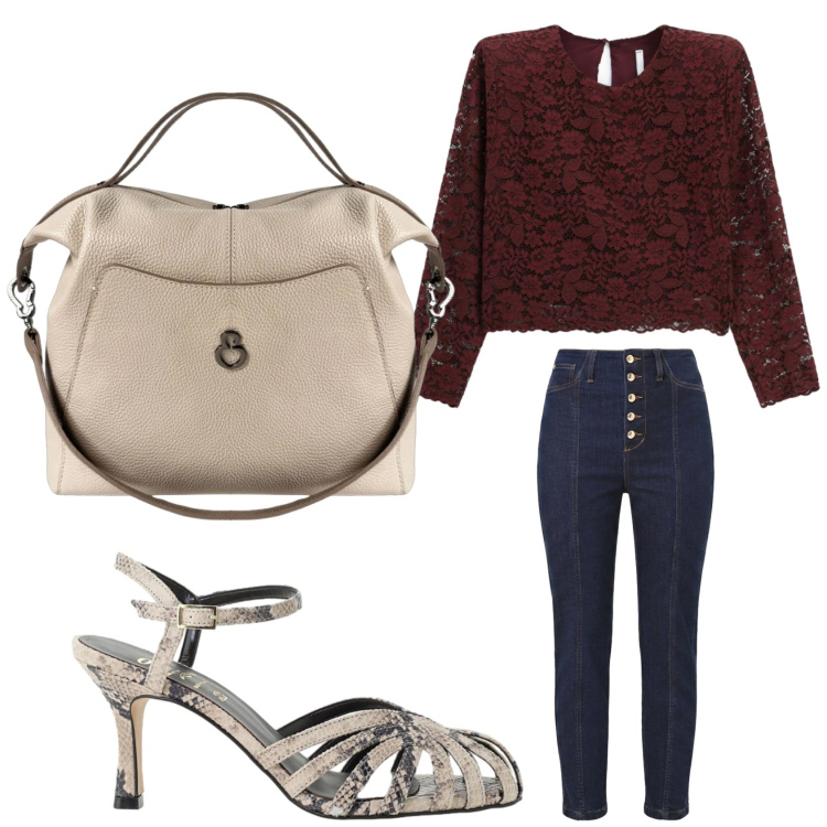 Outfit donna - Pizzo e jeans. Stile Casual chic per Serata fuori. Abbinamento con t-shirt, sandali in pelle, jeans, borse a mano.