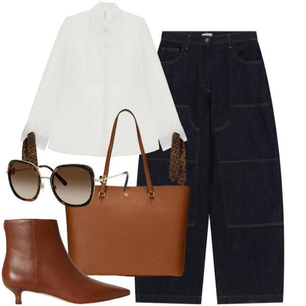 Outfit donna - Dark denim - Il jeans per l\'autunno. Stile Trendy per Tutti i giorni. Abbinamento con camicie, jeans, borse tote, stivaletti, occhiali da sole.