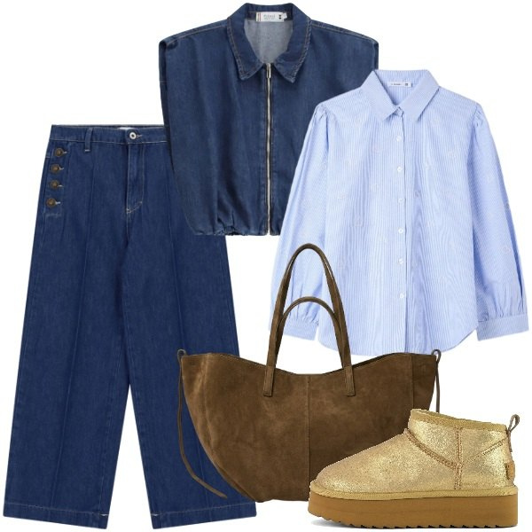 Outfit donna - Dark denim - Il jeans per l\'autunno. Stile Trendy per Tutti i giorni. Abbinamento con camicie, gilet, jeans, borse tote, stivaletti.