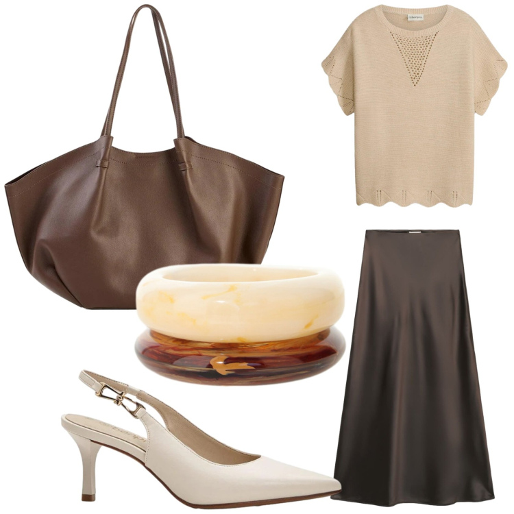 Outfit donna - Beige e cioccolato. Stile Bon Ton per Tutti i giorni. Abbinamento con t-shirt, décolleté, shopping bag, gonne lunghe, braccialetti.