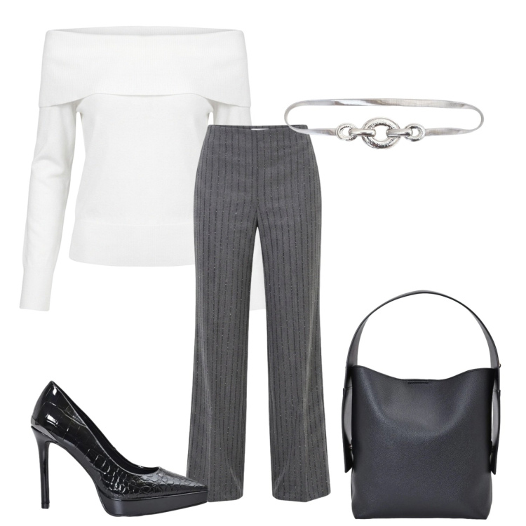 Outfit donna - Total look #2474286. Stile Chic per Ufficio. Abbinamento con pantaloni, t-shirt, borse a spalla, décolleté, cinture.