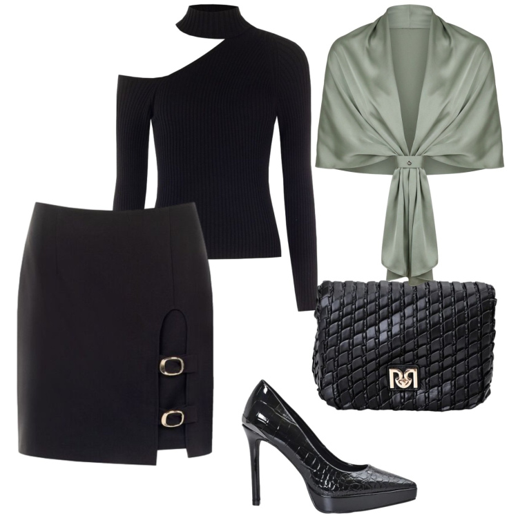 Outfit donna - Total look #2474288. Stile Glamour per Serata fuori. Abbinamento con minigonne, décolleté, maglieria, borse a tracolla, stole.
