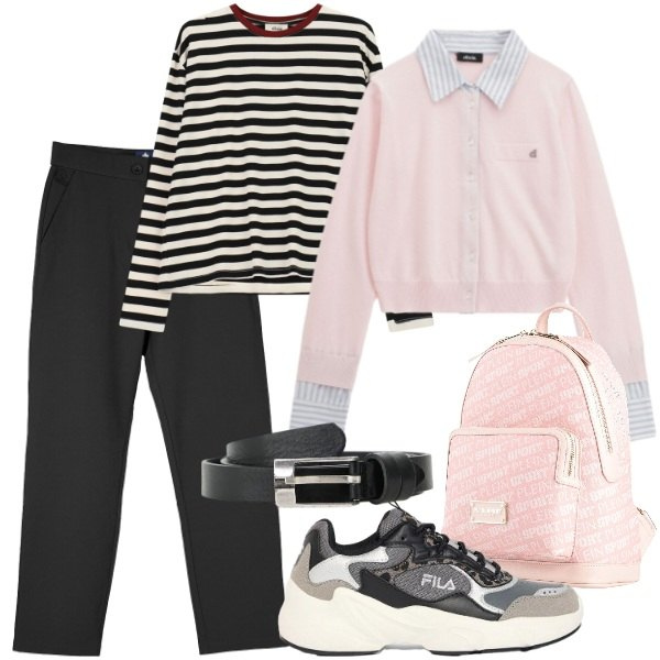 Outfit donna - Weekebd Fuori Porta. Stile Trendy per Tutti i giorni. Abbinamento con zaini, sneakers, cardigans, t-shirt, cinture, pantaloni chino.