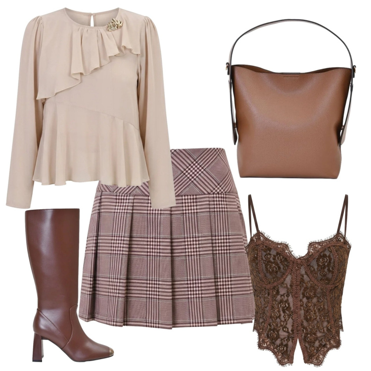 Outfit donna - Total look #2474291. Stile Casual chic per Ufficio. Abbinamento con top, bluse, minigonne, borse a mano, stivali sopra il ginocchio.