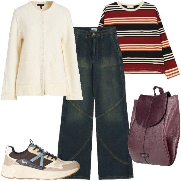 Outfit donna - Weekend Fuori Porta. Stile Sporty chic per Sport. Abbinamento con cardigans, zaini, sneakers, jeans, t-shirt.