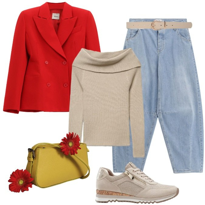 Outfit donna - verso l\'autunno. Stile Trendy per Scuola/Università. Abbinamento con sneakers, maglieria, cinture, jeans, blazer, borse a spalla.