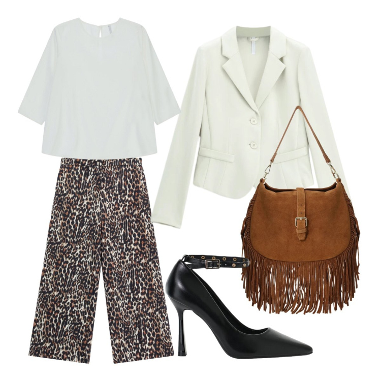 Outfit donna - We Are Back whit the pants wide leg. Stile Etnico per Scuola/Università. Abbinamento con pantaloni a palazzo, blazer, bluse, décolleté, borse a spalla.