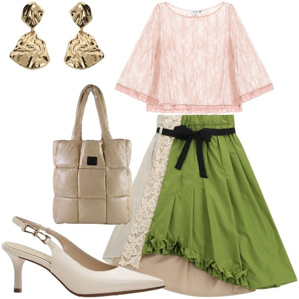 Outfit donna - La maglia in pizzo -@valery82. Stile Trendy per Tutti i giorni. Abbinamento con top, gonne longuette, orecchini, shopping bag, décolleté.