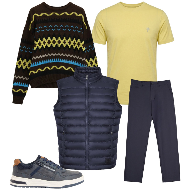 Outfit uomo - Total look #2474300. Stile Casual per Tutti i giorni. Abbinamento con t-shirt, maglieria, pantaloni chino, piumini, sneakers.