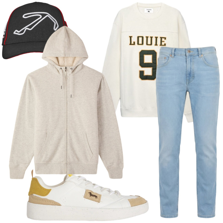 Outfit uomo - Total look #2474305. Stile Casual per Tutti i giorni. Abbinamento con sneakers, jeans, cappelli con visiera, felpe con cappuccio, felpe.