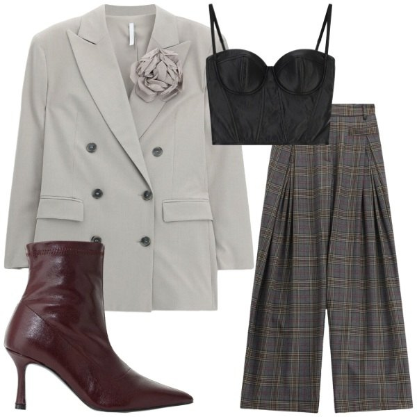 Outfit donna - We Are Back. Stile Glamour per Tutti i giorni. Abbinamento con pantaloni a palazzo, blazer, stivaletti, top.