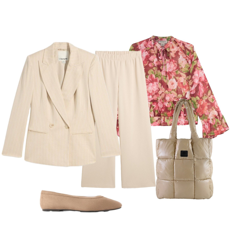 Outfit donna - Settembre. Stile Chic per Tutti i giorni. Abbinamento con bluse, blazer, ballerine, pantaloni, shopping bag.
