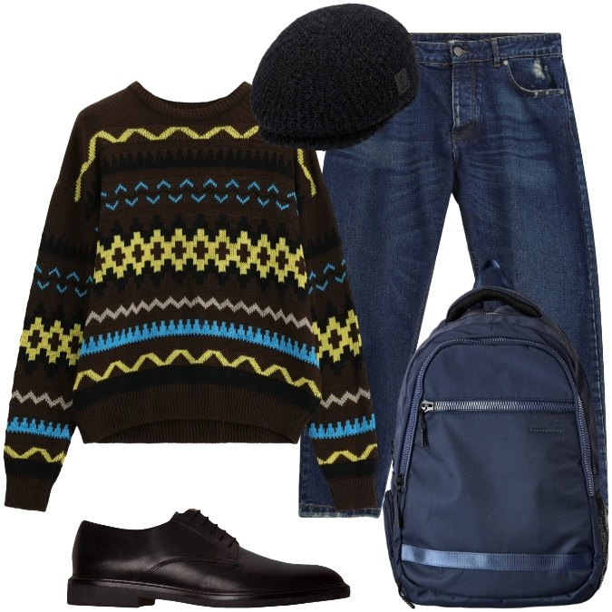 Outfit uomo - Un bel maglione a motivi geometrici. Stile Casual per Ufficio. Abbinamento con borse sportive, jeans, maglieria, scarpe stringate, cappelli e berretti.