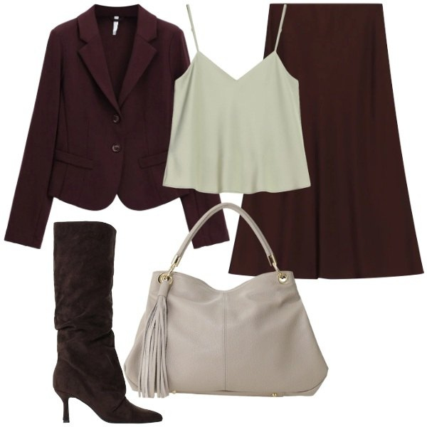 Outfit donna - Il rientro in città. Stile Casual chic per Tutti i giorni. Abbinamento con top, blazer, gonne longuette, borse a spalla, stivali.