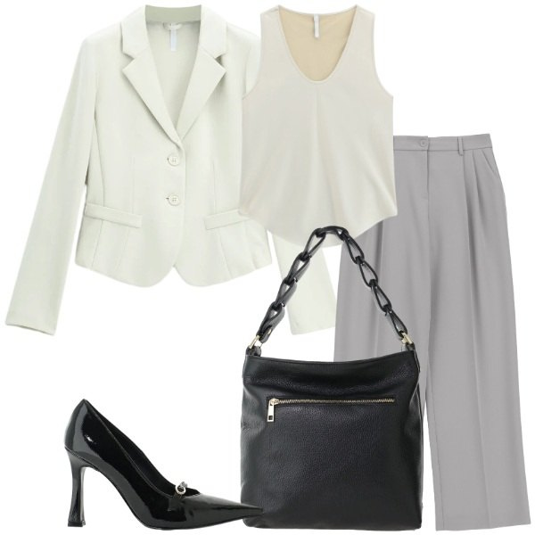 Outfit donna - nuova collezione Fall di Imperial Fashio. Stile Urban per Tutti i giorni. Abbinamento con canottiere, blazer, décolleté, pantaloni a palazzo, borse a spalla.