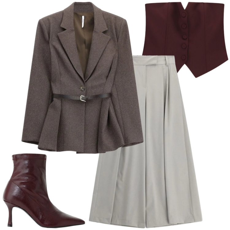 Outfit donna - Fall by Imperial. Stile Urban per Ufficio. Abbinamento con top, pantaloni a palazzo, blazer, stivaletti.