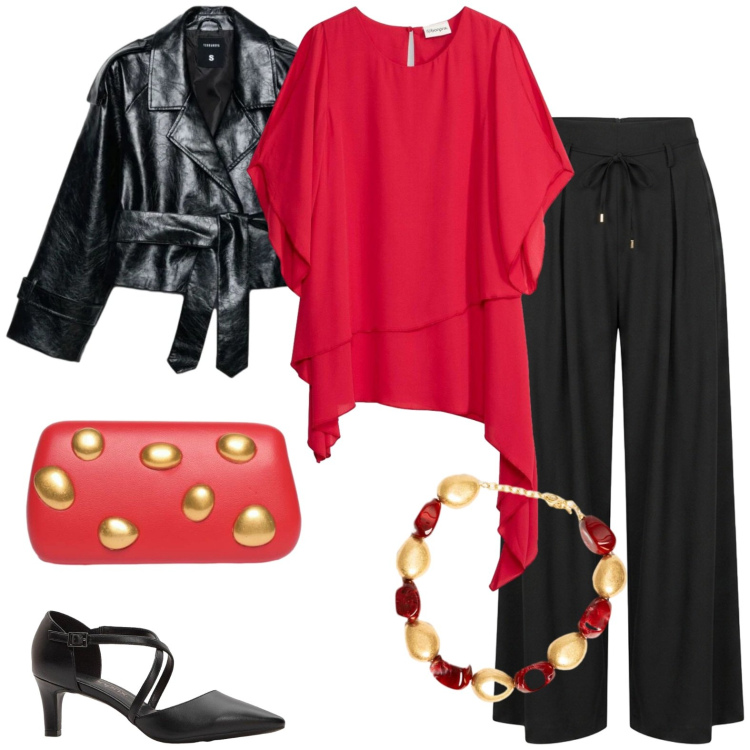 Outfit donna - Curvy settembre. Stile Trendy per Ufficio. Abbinamento con bluse, décolleté, trench, collane, pantaloni a palazzo, clutch.