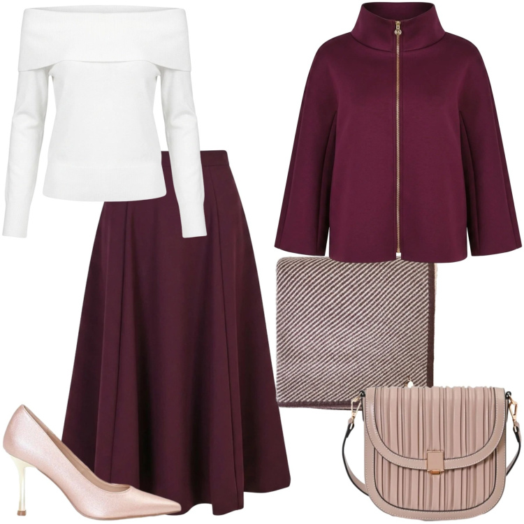 Outfit donna - Rinascimento. Stile Chic per Tutti i giorni. Abbinamento con gonne lunghe, cappotti, borse a tracolla, sciarpe, t-shirt, décolleté.