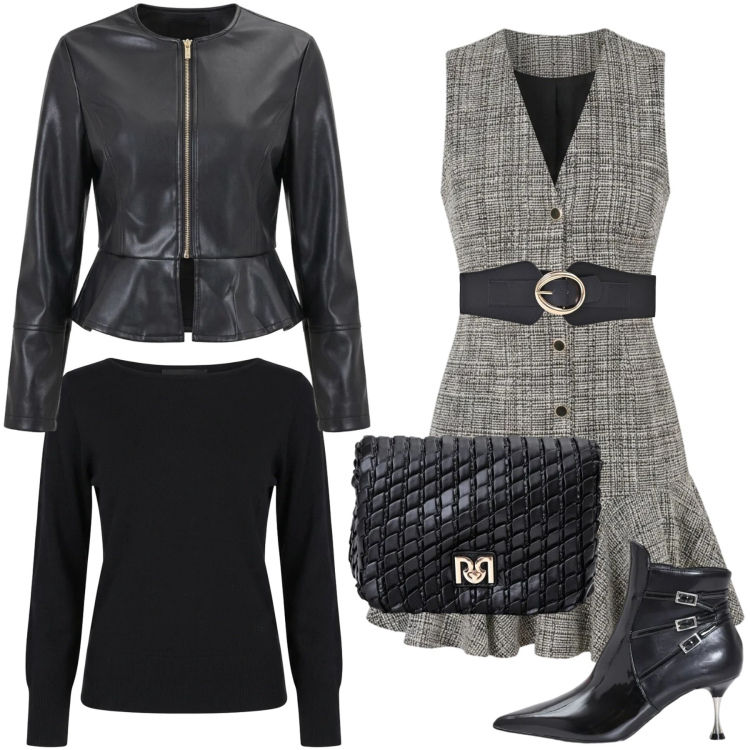 Outfit donna - Rinascimento per la sera. Stile Rock per Serata fuori. Abbinamento con vestiti corti, cinture, stivaletti, giacche, maglieria, borse a tracolla.