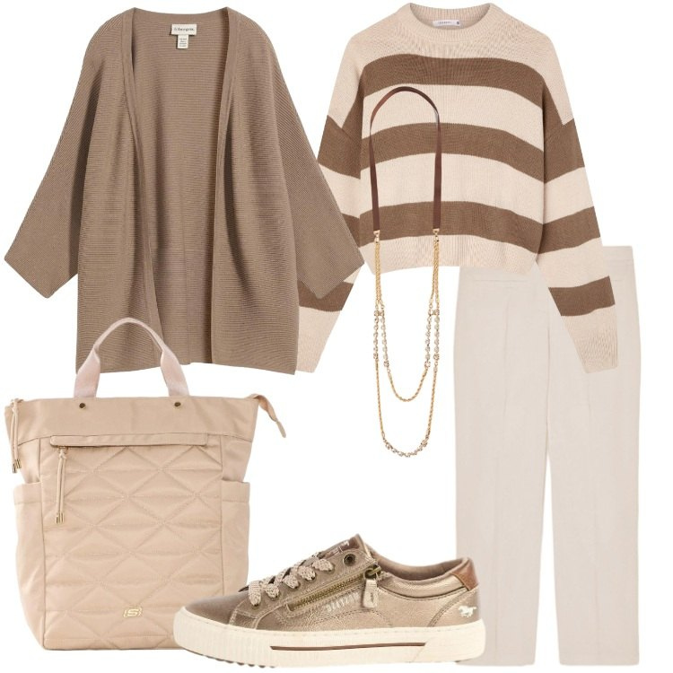 Outfit donna - Weekend Fuori Porta. Stile Basic per Tutti i giorni. Abbinamento con cardigans, sneakers, zaini, maglieria, pantaloni, collane.