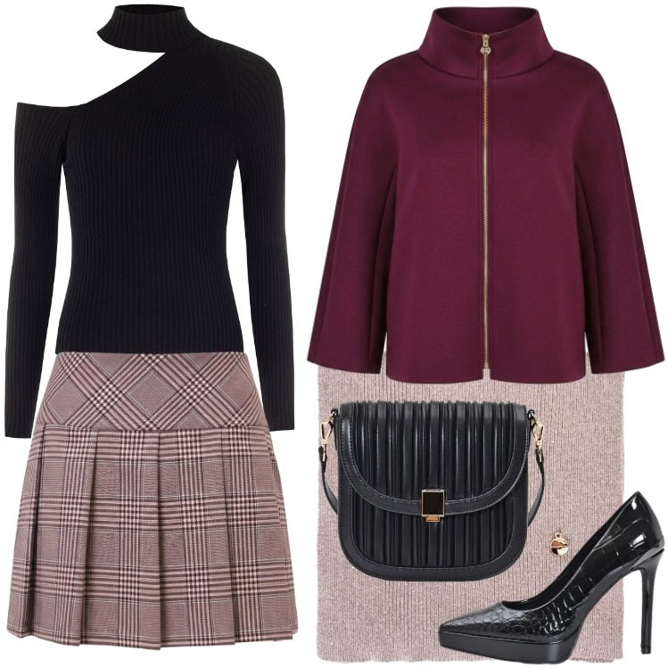 Outfit donna - Al compleanno di un\'amica. Stile Romantica per Serata fuori. Abbinamento con cappotti, décolleté, maglieria, minigonne, borse a tracolla, sciarpe.