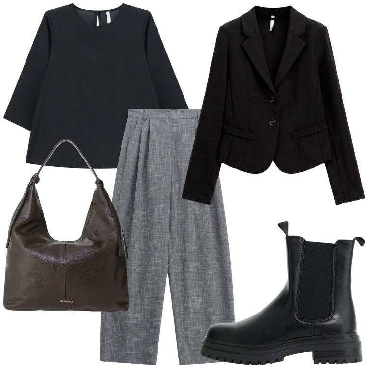 Outfit donna - Autunno con Imperial. Stile Chic per Ufficio. Abbinamento con pantaloni a palazzo, bluse, stivaletti chelsea, borse a spalla, blazer.