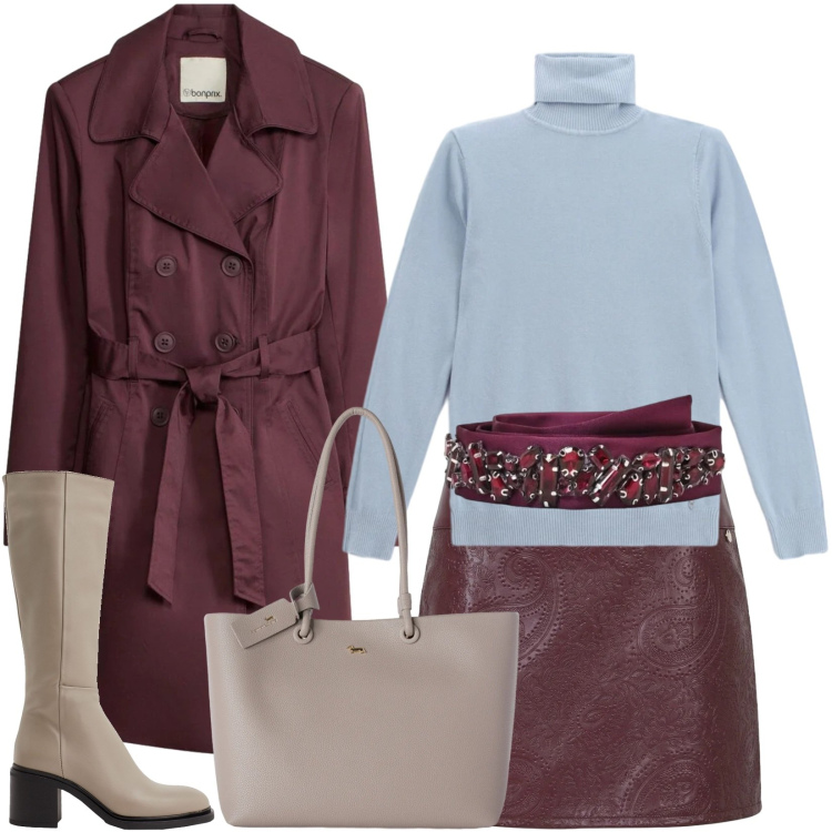 Outfit donna - Look moderno e di grande tendenza. Stile Casual chic per Tutti i giorni. Abbinamento con stivali, trench, shopping bag, t-shirt, minigonne, cinture.