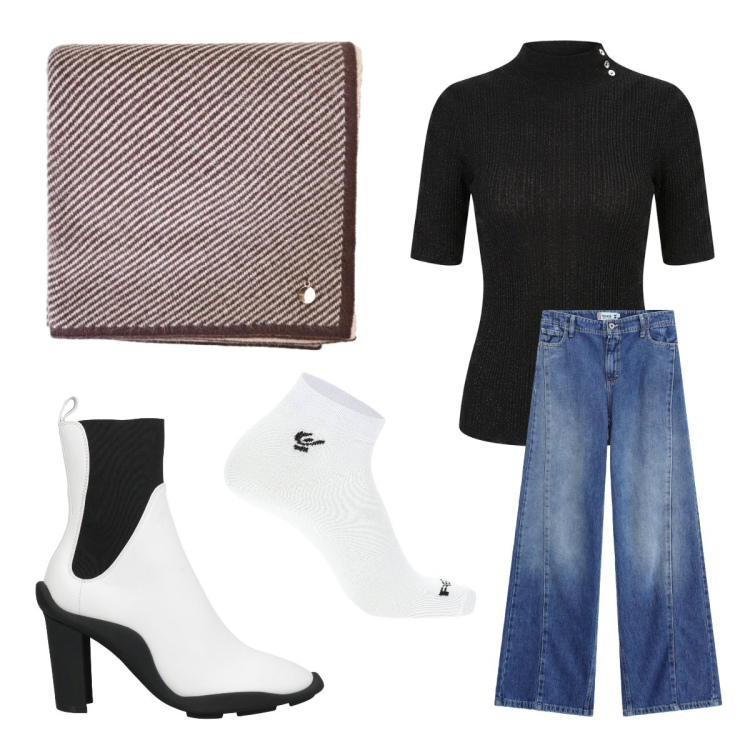 Outfit donna - Settembre. Stile Basic per Tutti i giorni. Abbinamento con stivaletti chelsea, maglieria, sciarpe, jeans, calzini.