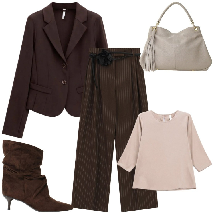 Outfit donna - Colo cioccolato. Stile Chic per Ufficio. Abbinamento con pantaloni a palazzo, bluse, blazer, stivali, borse a spalla.