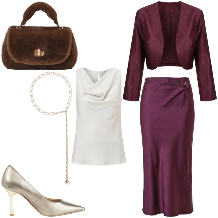 Outfit donna - Dietro la trama. Stile Glamour per Serata fuori. Abbinamento con gonne longuette, blazer, borse a mano, canottiere, cinture, décolleté.