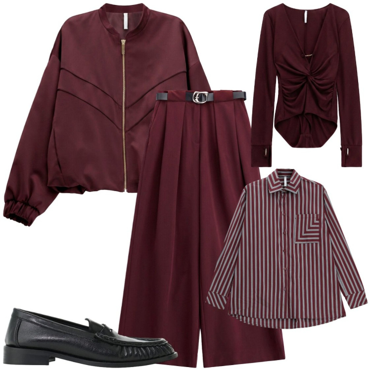 Outfit donna - Stile Imperial. Stile Chic per Ufficio. Abbinamento con camicie, pantaloni a palazzo, body, bomber, mocassini.